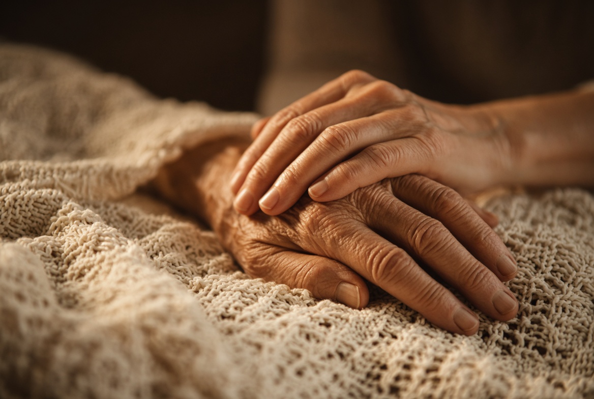 A younger hand resting gently over an elder's hand