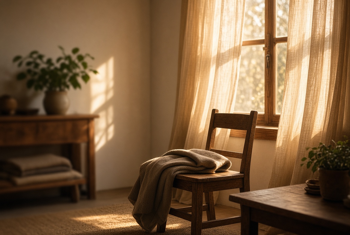 Late afternoon light through linen curtains in a quiet room