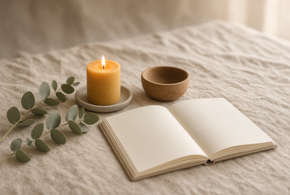A candle, a journal, and a small wooden bowl on linen